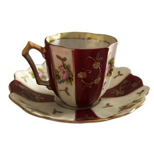 Vintage Chugai China Demitasse Teacup and Saucer Burgundy Rose Occupied Japan